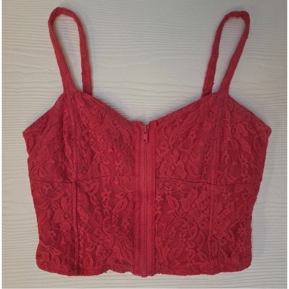 Charlotte Russe Pink Floral Lace Zip Corset Crop Top Sz L Concert Fairy Romantic